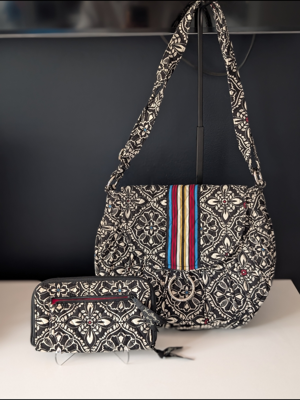 Vera Bradley Black & White Floral Quilted Flap Bag with Matching Wallet